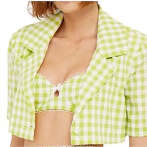 For Love & Lemons Maureen Cropped Blazer Lime Green Gingham S NWT